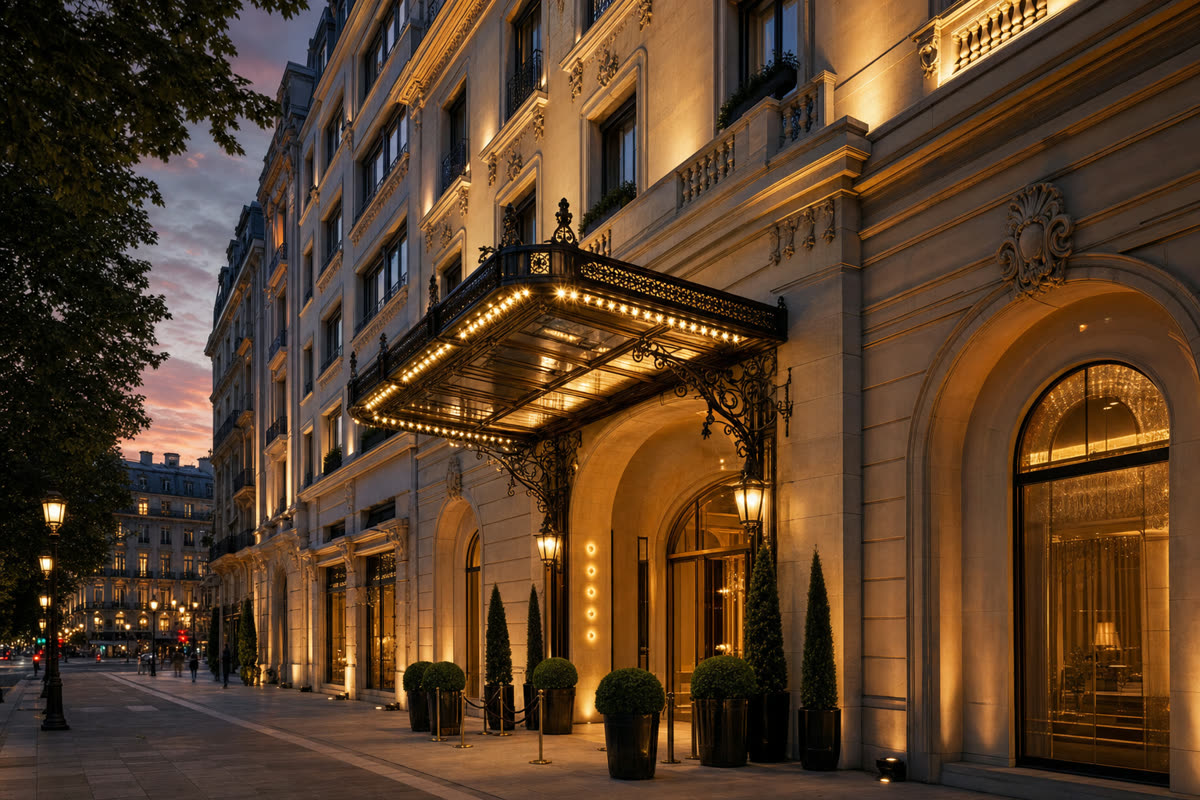 Фасад отеля The Biltmore в Тбилиси вечером
